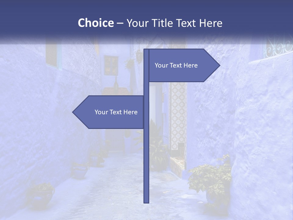 A Narrow Alley With Blue Walls And Potted Plants PowerPoint Template