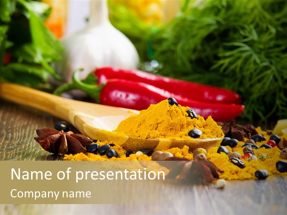 A Wooden Spoon Filled With Yellow Powder Next To Vegetables PowerPoint Template