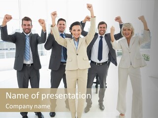 A Group Of Business People Holding Their Hands Up PowerPoint Template