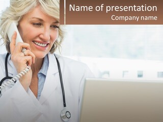 A Woman Doctor Talking On The Phone While Using A Laptop PowerPoint Template