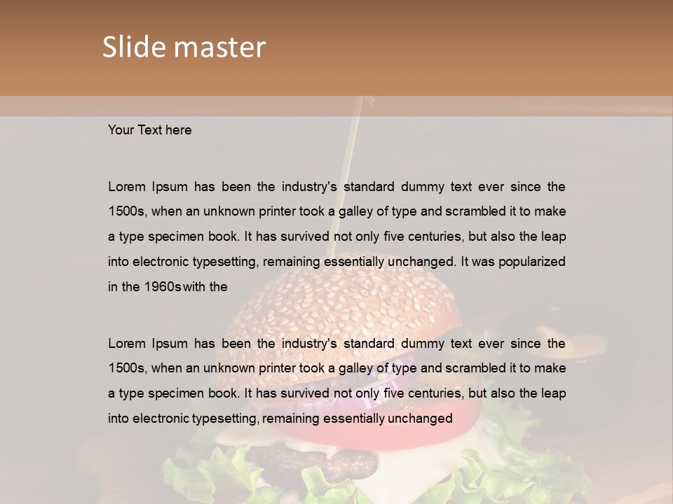 A Hamburger With Lettuce, Tomato, Onion And Cheese On A Cutting Board PowerPoint Template