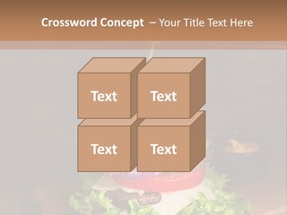 A Hamburger With Lettuce, Tomato, Onion And Cheese On A Cutting Board PowerPoint Template