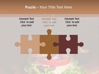 A Hamburger With Lettuce, Tomato, Onion And Cheese On A Cutting Board PowerPoint Template