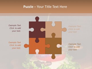 A Hamburger With Lettuce, Tomato, Onion And Cheese On A Cutting Board PowerPoint Template