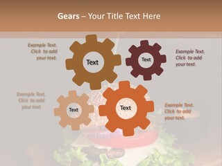 A Hamburger With Lettuce, Tomato, Onion And Cheese On A Cutting Board PowerPoint Template