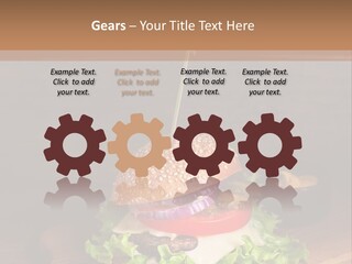A Hamburger With Lettuce, Tomato, Onion And Cheese On A Cutting Board PowerPoint Template