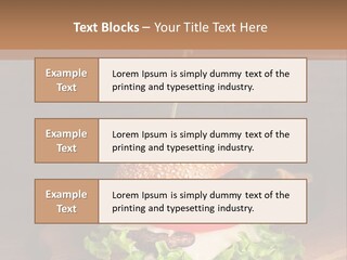 A Hamburger With Lettuce, Tomato, Onion And Cheese On A Cutting Board PowerPoint Template