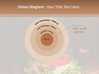 A Hamburger With Lettuce, Tomato, Onion And Cheese On A Cutting Board PowerPoint Template
