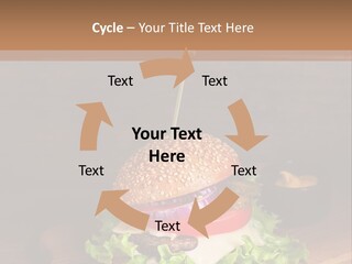 A Hamburger With Lettuce, Tomato, Onion And Cheese On A Cutting Board PowerPoint Template