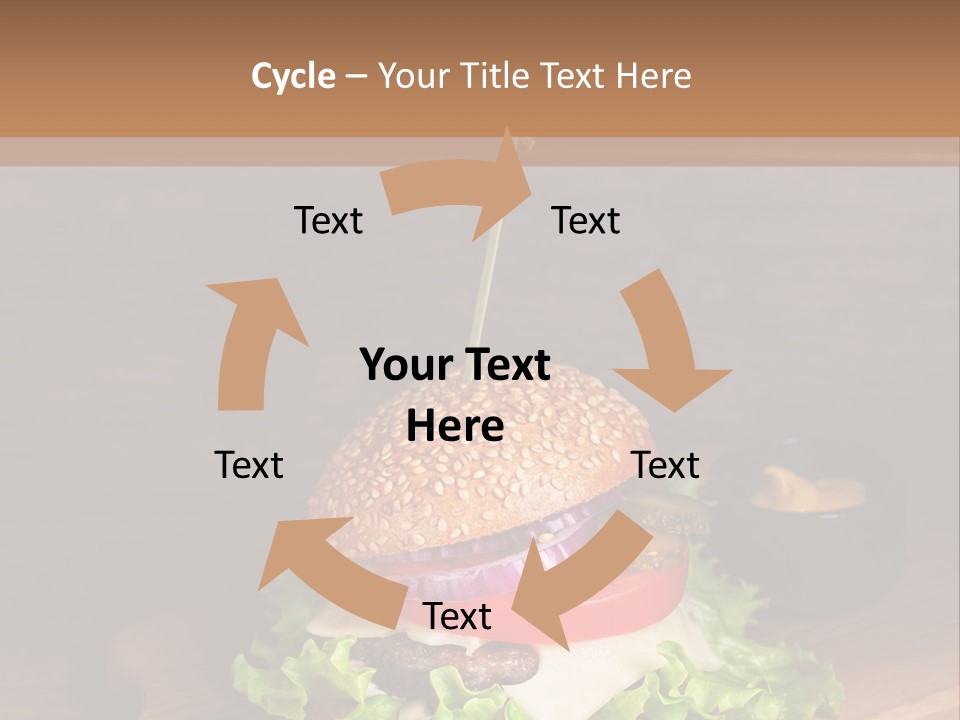 A Hamburger With Lettuce, Tomato, Onion And Cheese On A Cutting Board PowerPoint Template