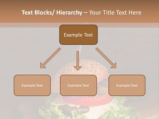 A Hamburger With Lettuce, Tomato, Onion And Cheese On A Cutting Board PowerPoint Template