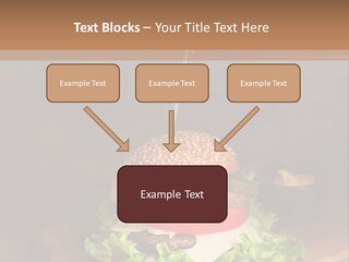 A Hamburger With Lettuce, Tomato, Onion And Cheese On A Cutting Board PowerPoint Template