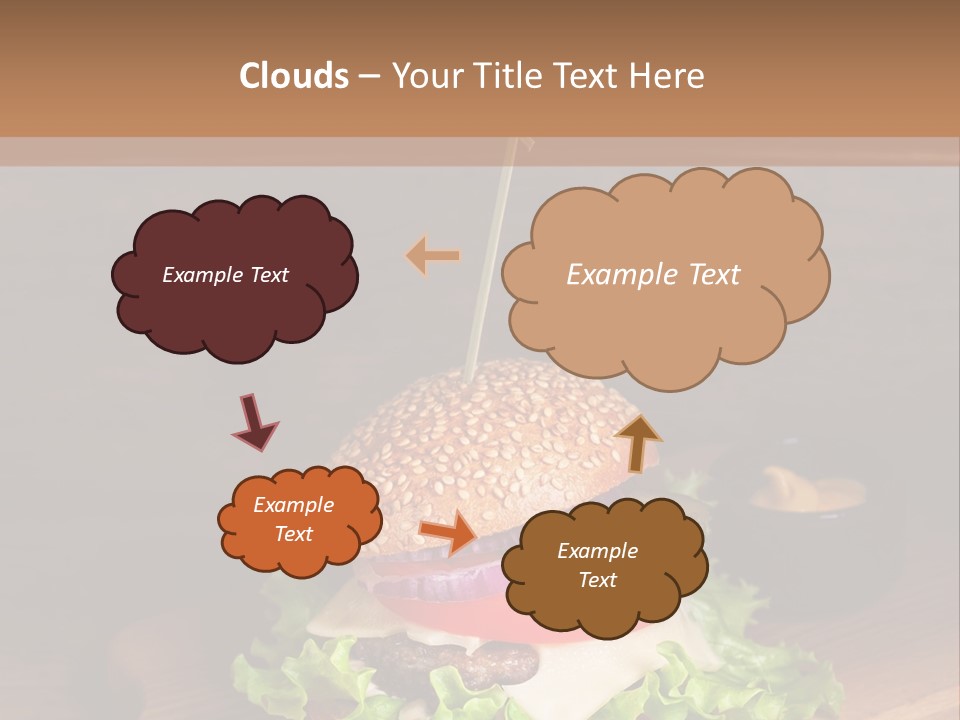 A Hamburger With Lettuce, Tomato, Onion And Cheese On A Cutting Board PowerPoint Template