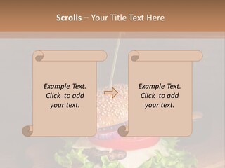 A Hamburger With Lettuce, Tomato, Onion And Cheese On A Cutting Board PowerPoint Template