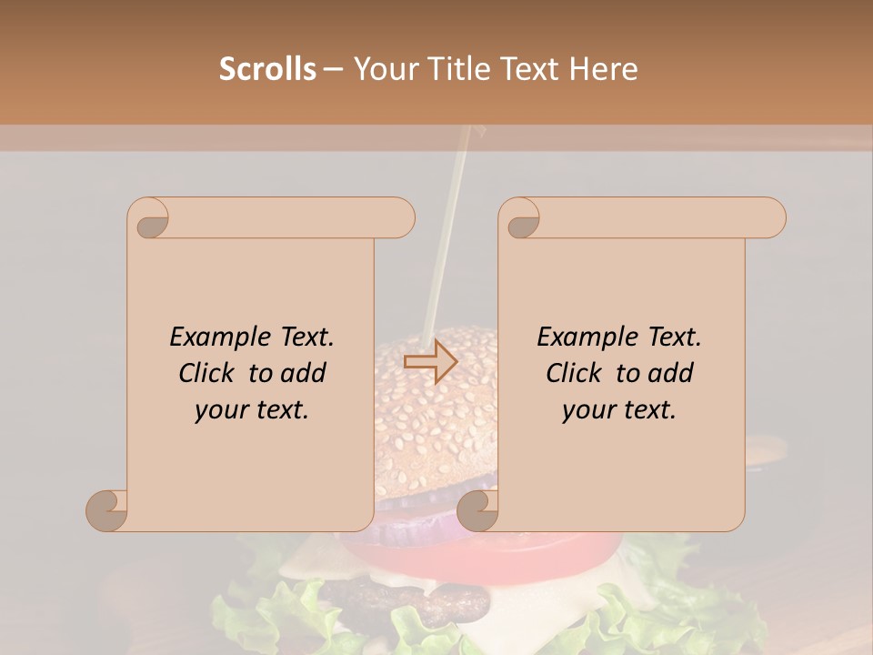 A Hamburger With Lettuce, Tomato, Onion And Cheese On A Cutting Board PowerPoint Template