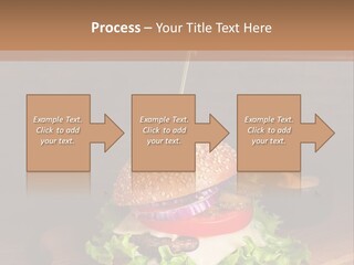 A Hamburger With Lettuce, Tomato, Onion And Cheese On A Cutting Board PowerPoint Template
