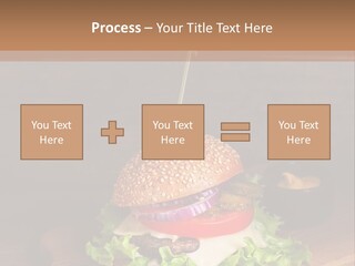 A Hamburger With Lettuce, Tomato, Onion And Cheese On A Cutting Board PowerPoint Template