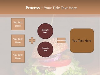 A Hamburger With Lettuce, Tomato, Onion And Cheese On A Cutting Board PowerPoint Template
