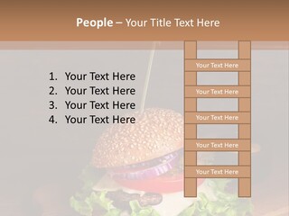 A Hamburger With Lettuce, Tomato, Onion And Cheese On A Cutting Board PowerPoint Template
