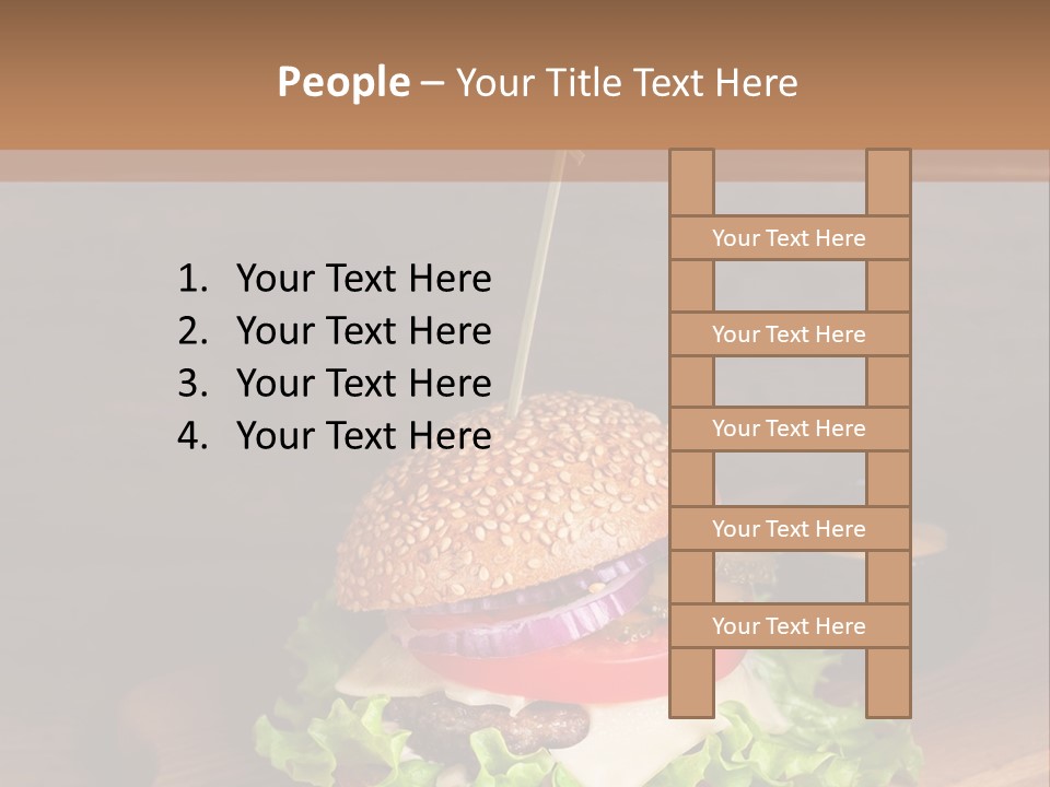 A Hamburger With Lettuce, Tomato, Onion And Cheese On A Cutting Board PowerPoint Template