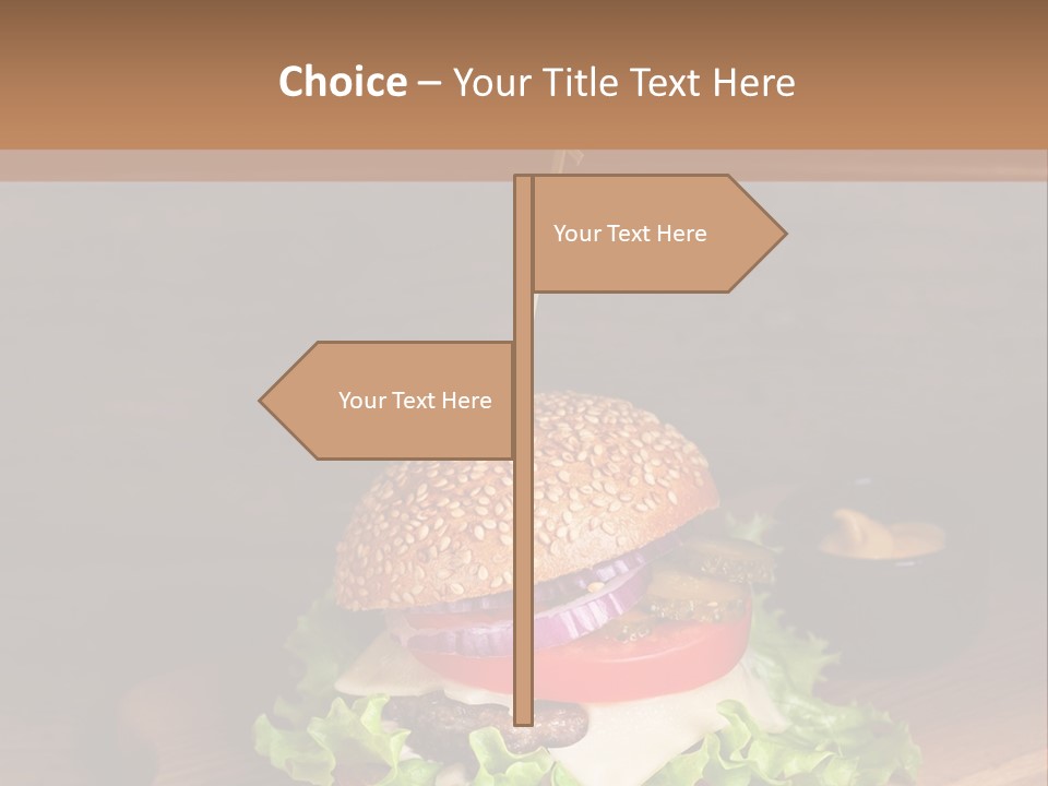 A Hamburger With Lettuce, Tomato, Onion And Cheese On A Cutting Board PowerPoint Template