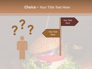 A Hamburger With Lettuce, Tomato, Onion And Cheese On A Cutting Board PowerPoint Template