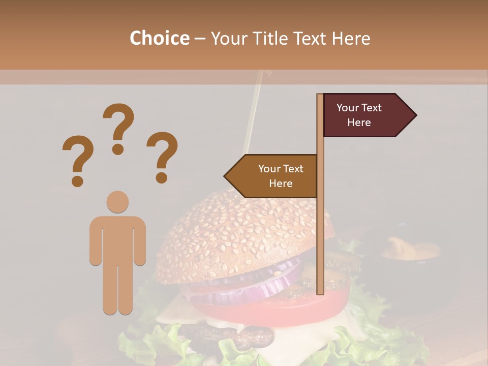 A Hamburger With Lettuce, Tomato, Onion And Cheese On A Cutting Board PowerPoint Template