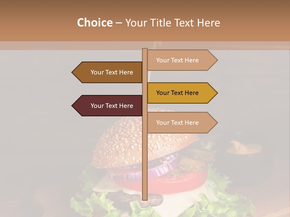 A Hamburger With Lettuce, Tomato, Onion And Cheese On A Cutting Board PowerPoint Template