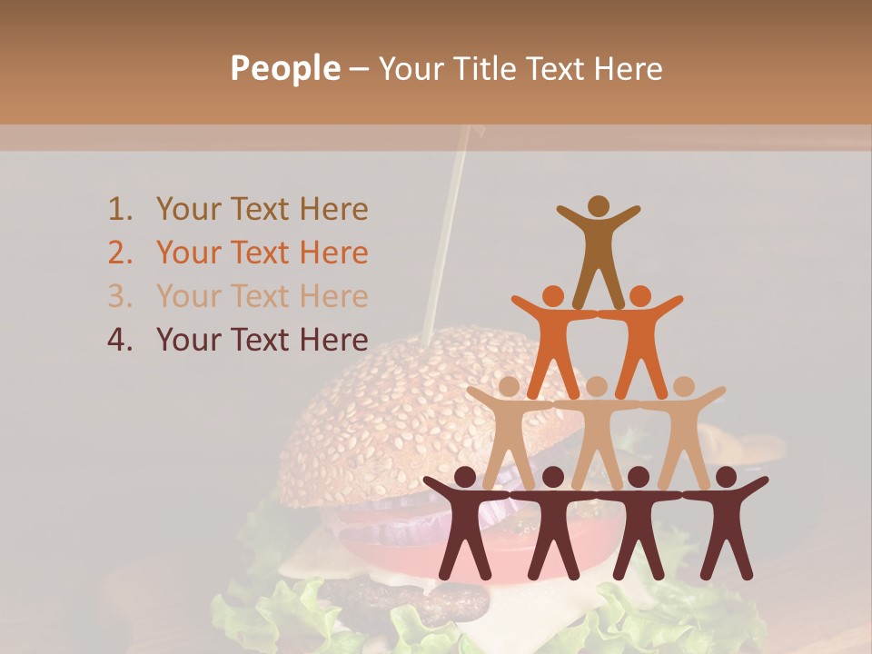 A Hamburger With Lettuce, Tomato, Onion And Cheese On A Cutting Board PowerPoint Template