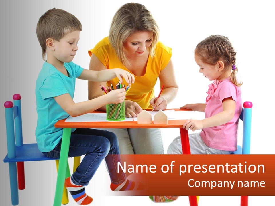 A Woman Sitting At A Table With Two Children PowerPoint Template