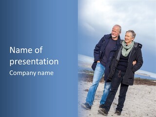 A Man And A Woman Walking On A Beach PowerPoint Template