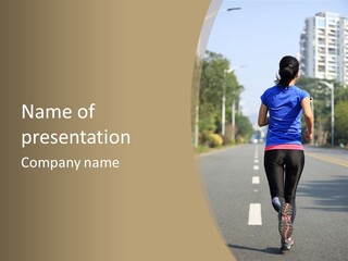 A Woman Running Down A Road With Buildings In The Background PowerPoint Template