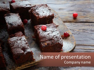 A Plate Of Brownies With Cherries On A Wooden Table PowerPoint Template