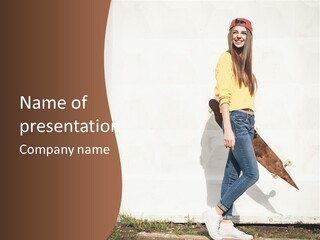 A Woman With A Skateboard Is Smiling For The Camera PowerPoint Template