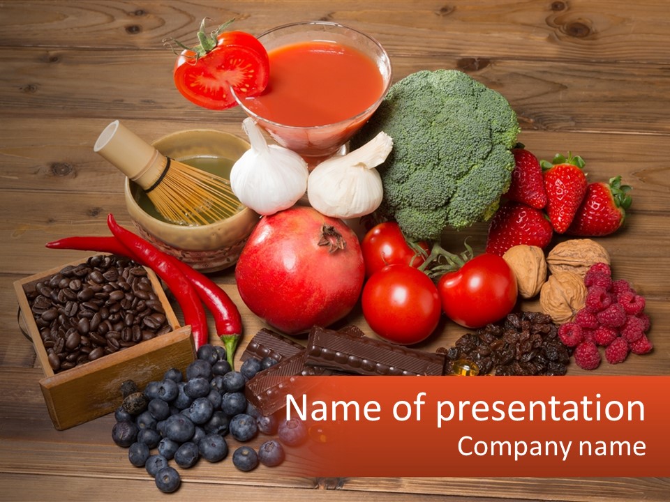 A Variety Of Fruits And Vegetables On A Wooden Table PowerPoint Template