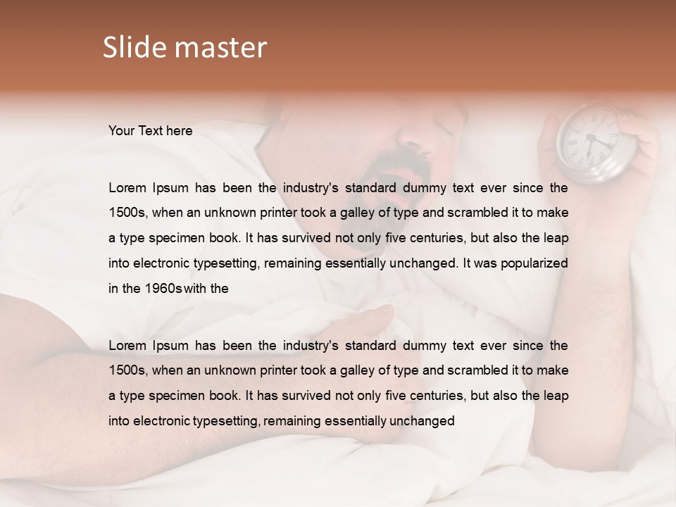 A Man Sleeping In Bed With A Clock In His Hand PowerPoint Template
