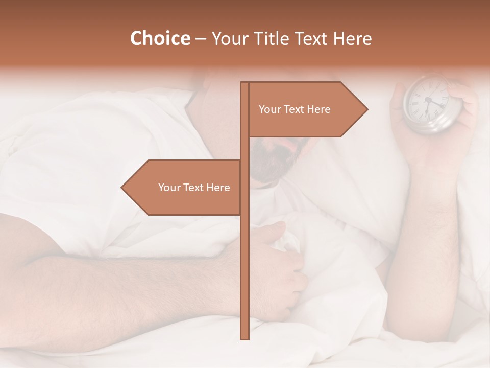 A Man Sleeping In Bed With A Clock In His Hand PowerPoint Template