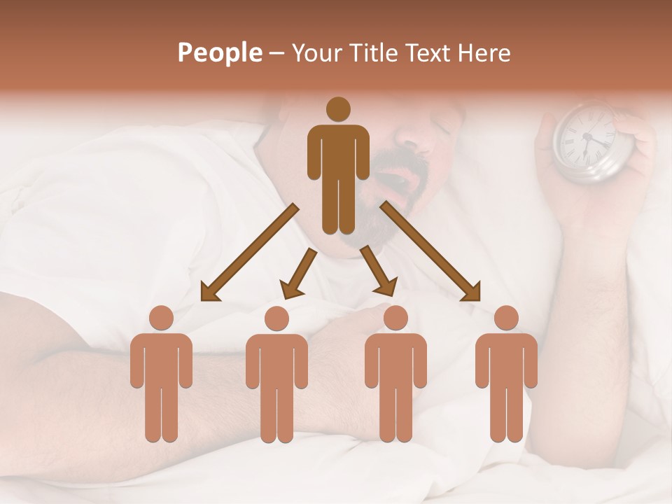 A Man Sleeping In Bed With A Clock In His Hand PowerPoint Template