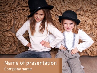 Two Young Girls Sitting On A Couch With Hats On Their Heads PowerPoint Template