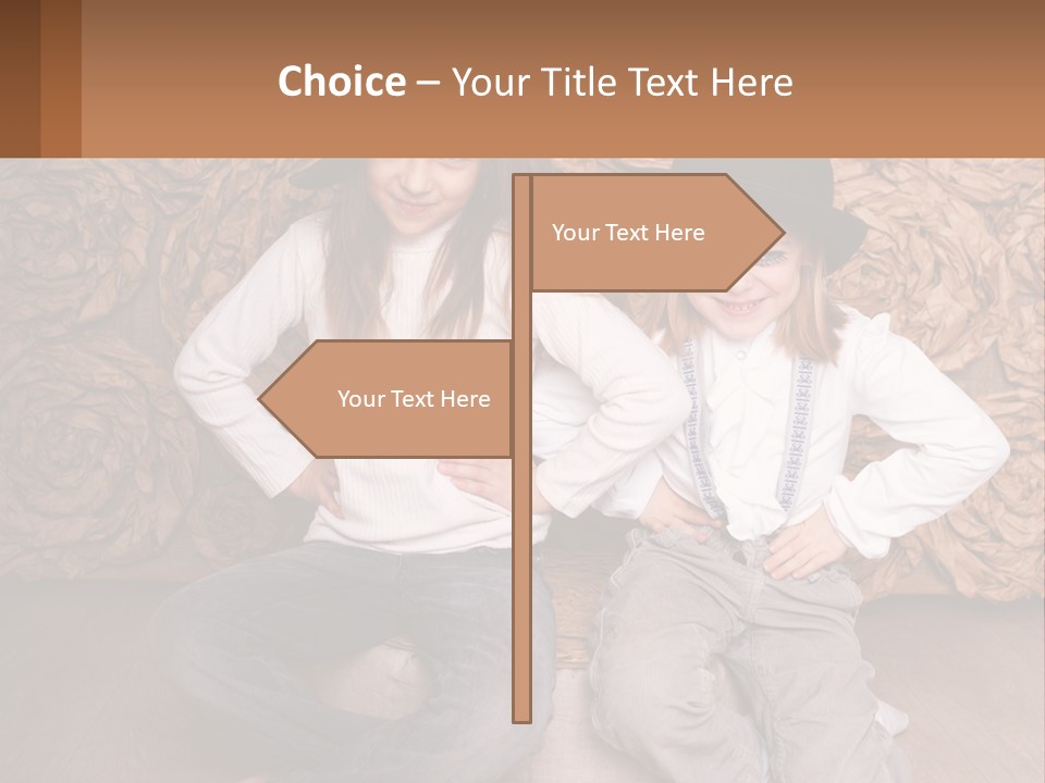 Two Young Girls Sitting On A Couch With Hats On Their Heads PowerPoint Template