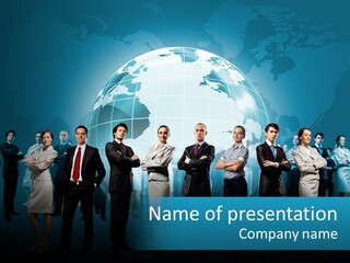 A Group Of Business People Standing In Front Of A Globe PowerPoint Template