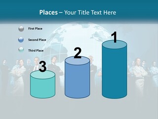 A Group Of Business People Standing In Front Of A Globe PowerPoint Template
