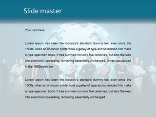 A Group Of Business People Standing In Front Of A Globe PowerPoint Template