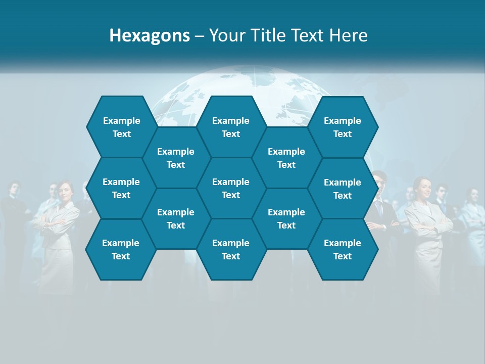 A Group Of Business People Standing In Front Of A Globe PowerPoint Template