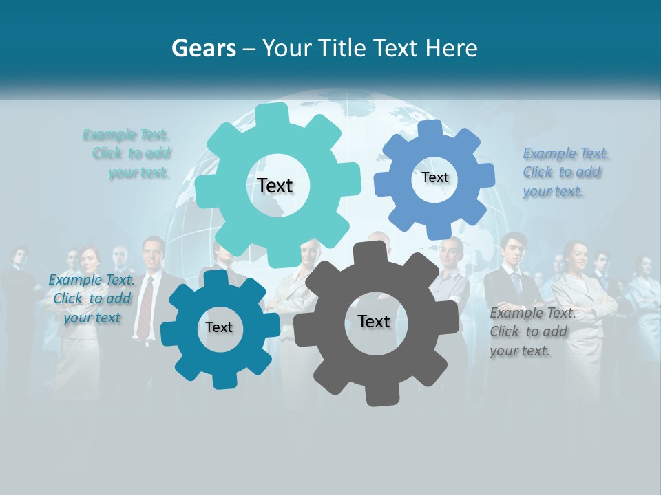 A Group Of Business People Standing In Front Of A Globe PowerPoint Template