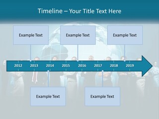 A Group Of Business People Standing In Front Of A Globe PowerPoint Template