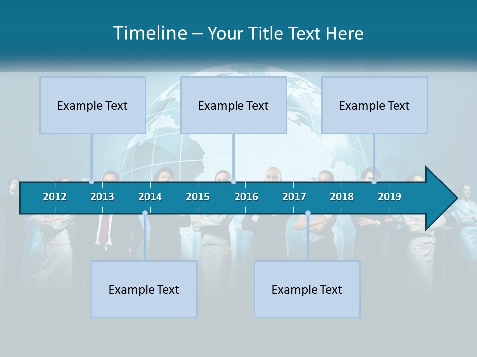 A Group Of Business People Standing In Front Of A Globe PowerPoint Template