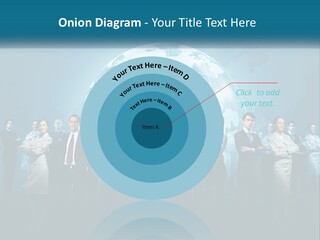 A Group Of Business People Standing In Front Of A Globe PowerPoint Template