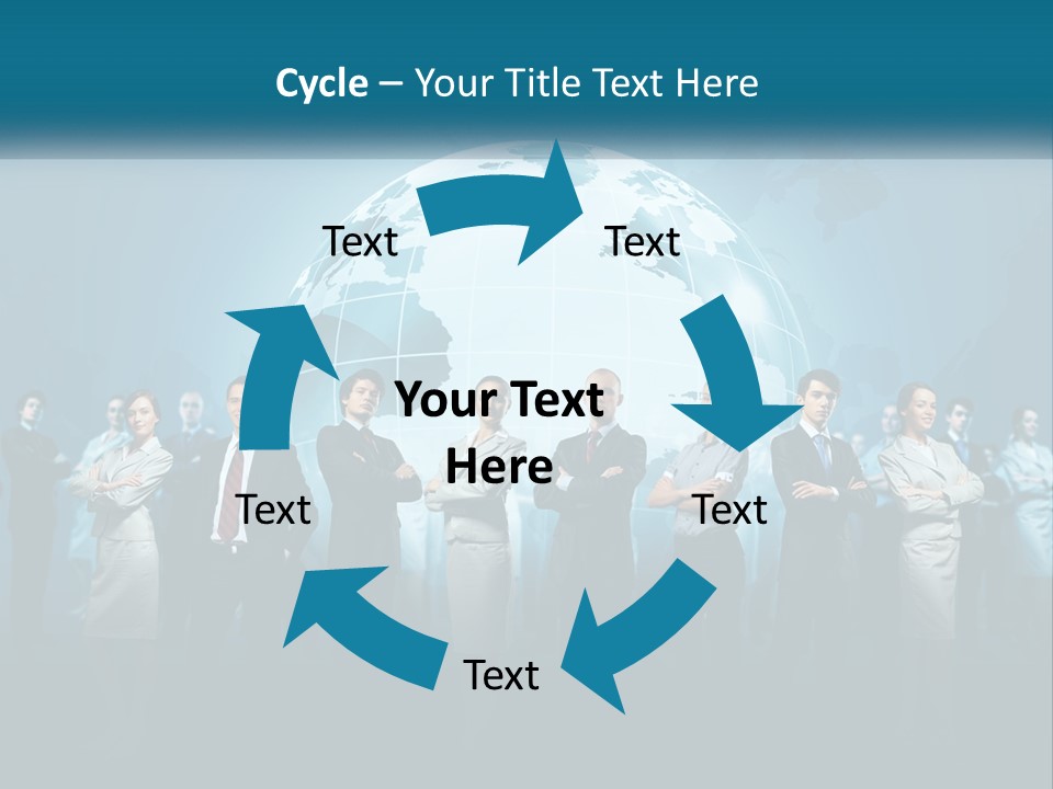 A Group Of Business People Standing In Front Of A Globe PowerPoint Template