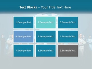 A Group Of Business People Standing In Front Of A Globe PowerPoint Template